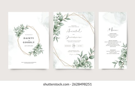 Wedding invitation card set template geometric frame elegant leaves