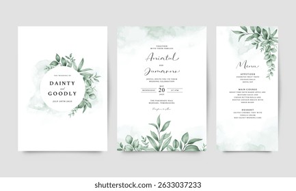 Wedding invitation card set template with beautiful leaves