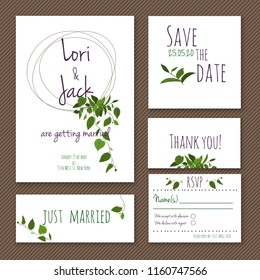 Wedding invitation card set. Thank you, save the date, RSVP, just married.