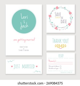 Wedding invitation card set. Thank you, save the date, RSVP, just married.