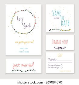 Wedding invitation card set. Thank you, save the date, RSVP, just married.