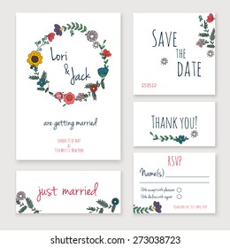 Wedding invitation card set. Thank you card, save the date cards, RSVP card, just married card.