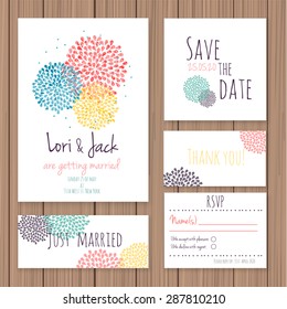 Wedding invitation card set. Thank you, save the date, RSVP, just married.