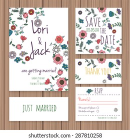 Wedding invitation card set. Thank you, save the date, RSVP, just married.