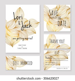 Wedding invitation card set. Thank you, save the date, RSVP, just married.