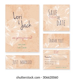 Wedding invitation card set. Thank you, save the date, RSVP, just married.