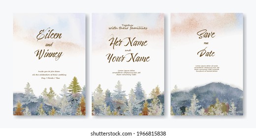 Wedding invitation card set with watercolor landscape paintings pine and mountain in sky background, Painting abstract landscape sky cloud background. Hand drawn illustration design.