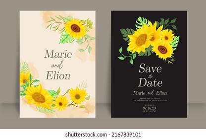 Wedding invitation card set with watercolor sunflowers