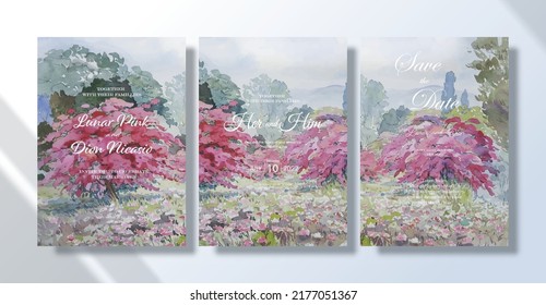 Wedding invitation card set watercolor landscape paintings paper flowers tree. Anniversary celebration wedding card design, Painting abstract landscape sky background