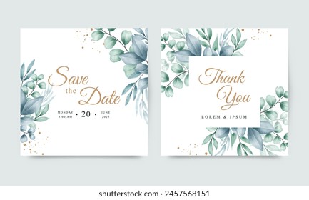 Wedding invitation card set with watercolor leaves