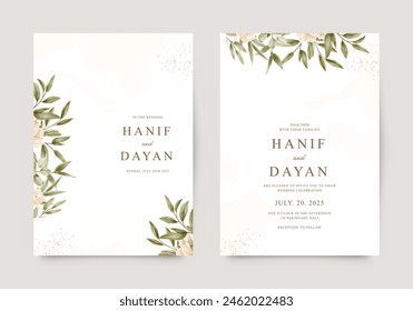 Wedding invitation card set with watercolor green leaves