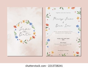 Wedding invitation card set with wild floral watercolour