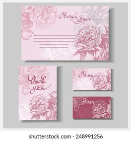 Wedding invitation Card  set  with wild rose (thank you card, Boarding Pass,  Wedding Invitation.) Template Vector.