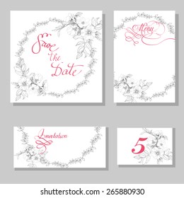 Wedding invitation Card  set  with wild rose (thank you card, Boarding Pass,  Wedding Invitation.) Template Vector.