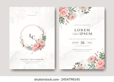 Wedding invitation card set with wreath peonies flower and golden line	