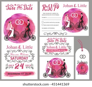 Wedding invitation card set.Couple bride,groom,retro bike,Watercolor pink splash, ribbons,grey swirling borders,frames decor,arrows,text. Tag,RSVP,Thank you,save the date.Cute artistic vector 