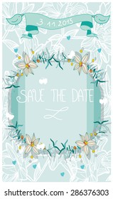  wedding invitation card in shades of turquoise years with flowers birds hearts and butterflies