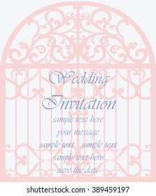 Wedding Invitation card in shape of a cage with lace ornament. Beige color. Vector