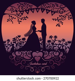 Wedding invitation card with silhouette bride and groom