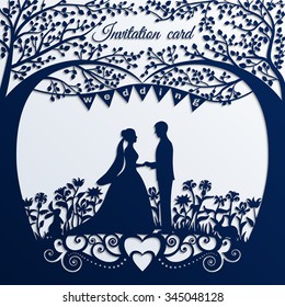 Wedding invitation card with silhouette bride and groom. Applique background. Vector illustration. EPS10.