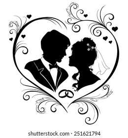 Wedding invitation card with silhouettes of the bride and groom. Vector illustration