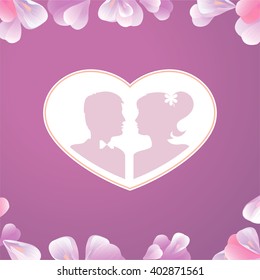 Wedding invitation card with silhouettes of the bride and groom. Vector 