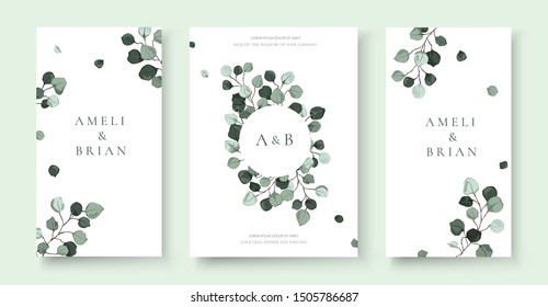 Wedding invitation card with silver dollar eucalyptus greenery leaves floral branches minimalist save the date design wreath and frame. Botanical mint green foliage plant rustic vector illustration