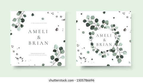 Wedding invitation card with silver dollar eucalyptus greenery leaves floral branches minimalist save the date design wreath and frame. Botanical mint green foliage plant rustic vector illustration