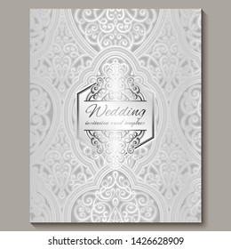 Wedding invitation card with silver shiny eastern and baroque rich foliage. Intricate Ornate islamic background for your design. Islam, Arabic, Indian, Dubai