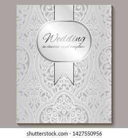 Wedding invitation card with silver shiny eastern and baroque rich foliage. Intricate Ornate islamic background for your design. Islam, Arabic, Indian, Dubai