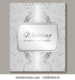 Wedding invitation card with silver shiny eastern and baroque rich foliage. Intricate Ornate islamic background for your design. Islam, Arabic, Indian, Dubai