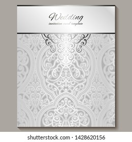 Wedding invitation card with silver shiny eastern and baroque rich foliage. Intricate Ornate islamic background for your design. Islam, Arabic, Indian, Dubai