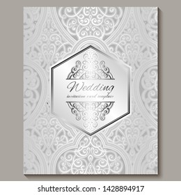 Wedding invitation card with silver shiny eastern and baroque rich foliage. Intricate Ornate islamic background for your design. Islam, Arabic, Indian, Dubai