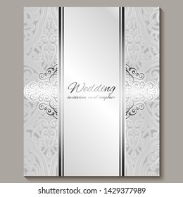 Wedding invitation card with silver shiny eastern and baroque rich foliage. Intricate Ornate islamic background for your design. Islam, Arabic, Indian, Dubai