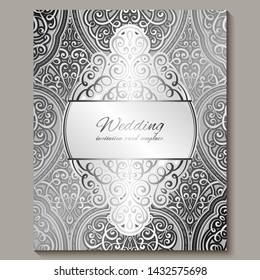 Wedding invitation card with silver shiny eastern and baroque rich foliage. Intricate Ornate islamic background for your design. Islam, Arabic, Indian, Dubai