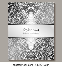 Wedding invitation card with silver shiny eastern and baroque rich foliage. Intricate Ornate islamic background for your design. Islam, Arabic, Indian, Dubai