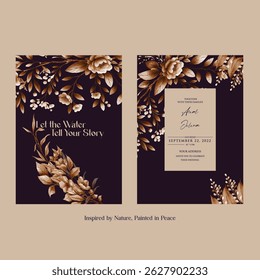 wedding  invitation card with soft peony illustrations and script.