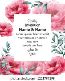 Wedding invitation card with spring flowers banner watercolor Vector. Beautiful vintage pastel colors floral decor posters