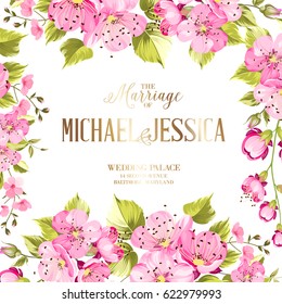 Wedding invitation card with spring flowers. Vintage wedding invitation card with template names and sakura branch border. Vector illustration.