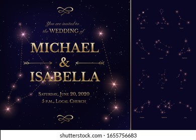Wedding invitation card with starry night sky design. Galaxy, open space, stars, constellations set decorative ornaments. Celestial template with editable bride and groom names. Vector illustration