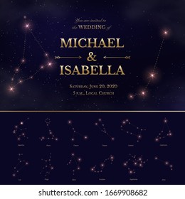 Wedding invitation card with starry night sky design. Galaxy, open space, stars, constellations set decorative ornaments. Celestial template with editable bride and groom names. Vector illustration