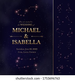 Wedding invitation card with starry night sky design. Galaxy, open space, stars, constellations set decorative ornaments. Celestial template with editable bride and groom names. Vector illustration