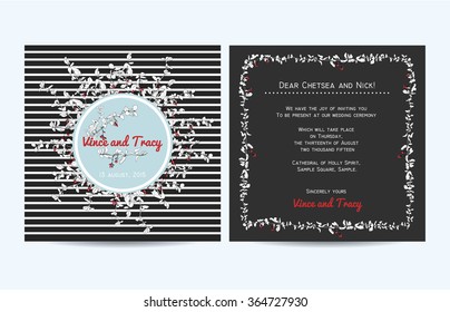 Wedding invitation card with striped background and hand drawn branch of barberry