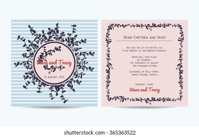 Wedding invitation card with striped background and hand drawn branch of barberry