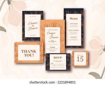 Wedding Invitation Card Suite Against Floral White Background.