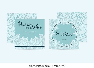 Wedding invitation card suite with asters cute wildflowers. Templates.
