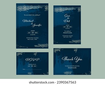 Wedding Invitation Card Suite with Blue Brush Stroke Effect.