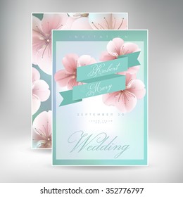 wedding invitation card suite with blured sacura flower Templates
