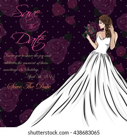 wedding invitation card suite with bride and flowers. Vector