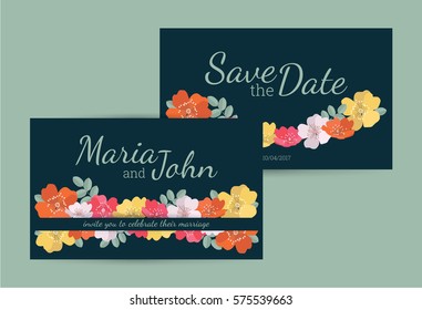 Wedding invitation card suite with cute flowers. Templates. 